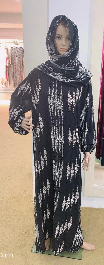 Prayer Dress with Attached Hijab - Black Print