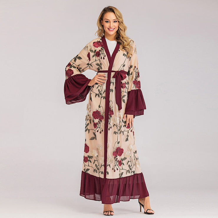 Embroidered Flower Kimono Abaya - Maroon & Gold