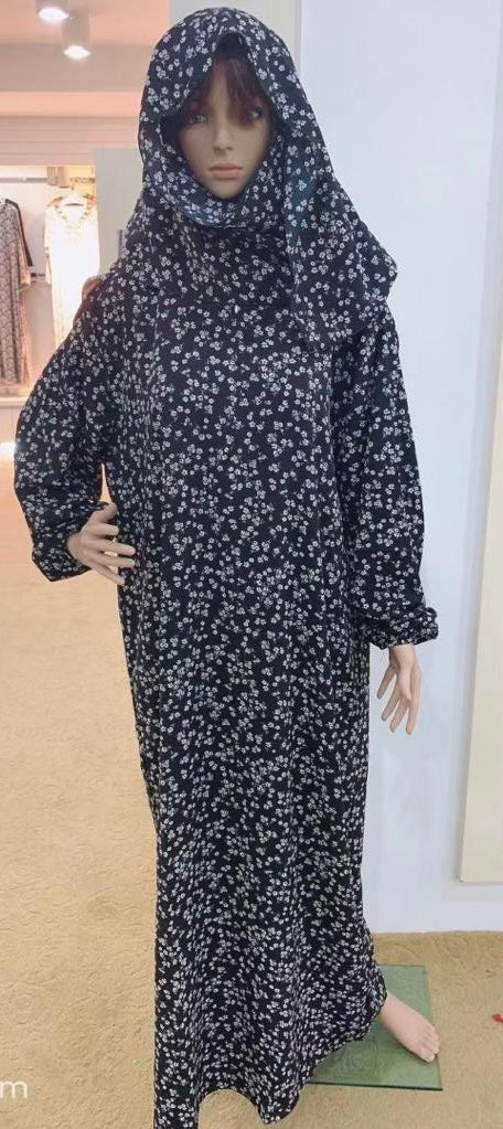 Prayer Dress with Attached Hijab - Black Floral